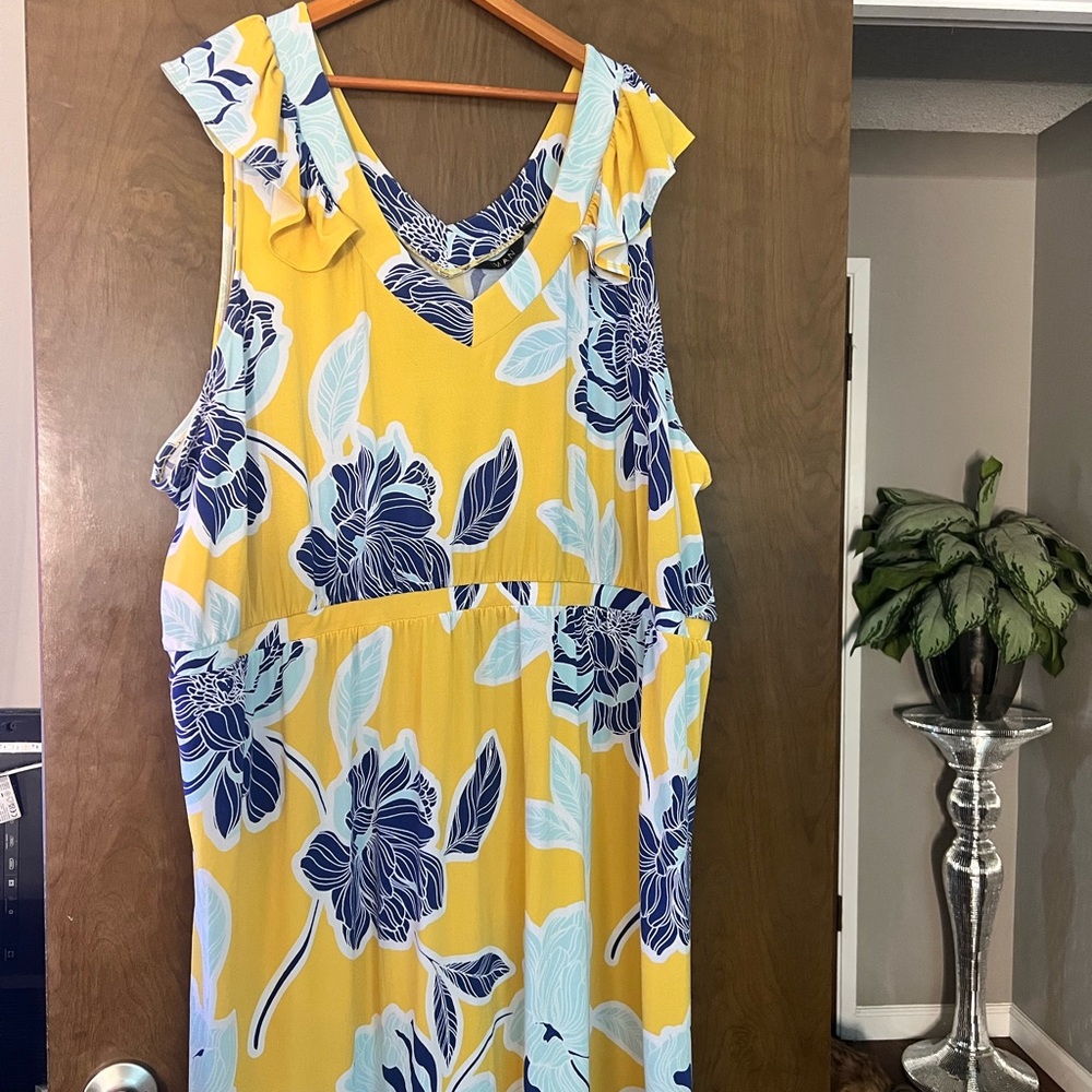 IMAN Yellow and Blue Flutter Sleeve Sundress